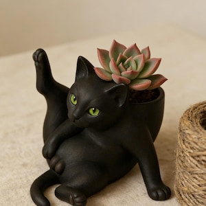 Puede incluir: Una maceta negra con forma de gato y ojos verdes, con una pata levantada. Una planta suculenta con hojas verdes y rojas está en la maceta. El gato está sobre una superficie beige.