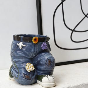 Resin Denim Pants Planter, Whimsical Floral Garden Pot, Outdoor Yard Decor