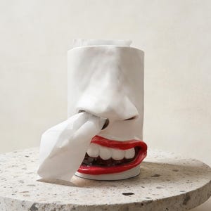 Könnte beinhalten: Ein skurriler weißer Keramik-Taschentuchspender in Form eines Gesichts mit Nase, roten Lippen und Zähnen. Ein Taschentuch wird aus der Nase gezogen. Der Spender steht auf einem gesprenkelten, runden Tisch.
