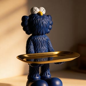 Può includere: Statuetta blu con vassoio dorato. La statuetta ha occhi bianchi con croci nere, un becco giallo e una consistenza blu simile alla pelliccia. Il vassoio ovale è tenuto dalle mani della statuetta. La statuetta è su una superficie bianca.