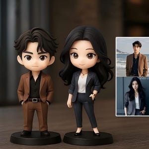 May include: Two chibi-style figurines standing on black circular bases. The left figure wears a brown suit with a black shirt and belt. The right figure wears a dark gray suit with a white top and a gold necklace. A small inset shows two photos.