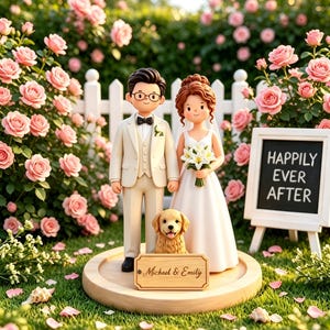 Pode incluir: Um topo de bolo de casamento com uma figura em fato creme com laço preto e outra em vestido branco segurando um bouquet, ao lado de um cão golden retriever numa base de madeira com o texto Michael & Emily.