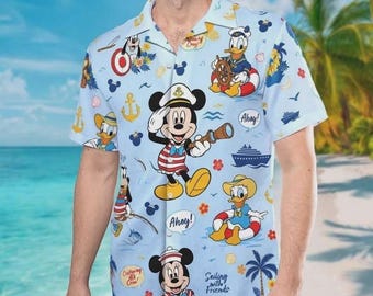 Grappige Mickey en vrienden zeilen met vrienden Cruise Line Hawaiiaans shirt, tropisch grafisch shirt, aloha uniseks shirt, button-down shirt