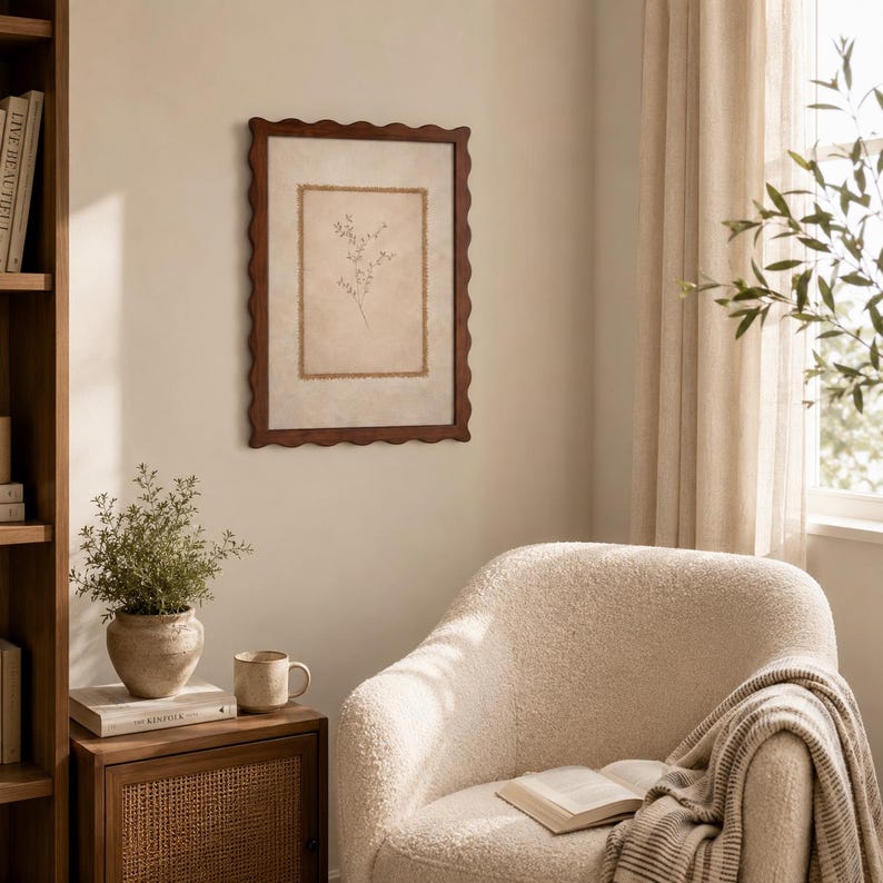 May include: A rectangular wall art piece featuring a dark brown scalloped wooden frame. The artwork displays a delicate, thin-lined botanical illustration of a sprig with small leaves centered on a textured, light beige background.