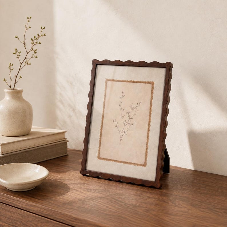 May include: A rectangular picture frame with a dark brown wood finish and a scalloped edge. The frame contains a light beige mat and a central print featuring a delicate, thin-lined botanical illustration of a small plant with tiny leaves.