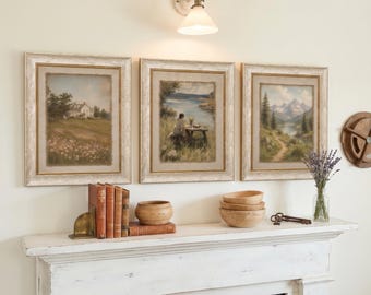 Cornice portafoto vintage con texture, in gesso con finiture dorate, disponibile in diverse dimensioni e con stampe di paesaggi, stile country francese.