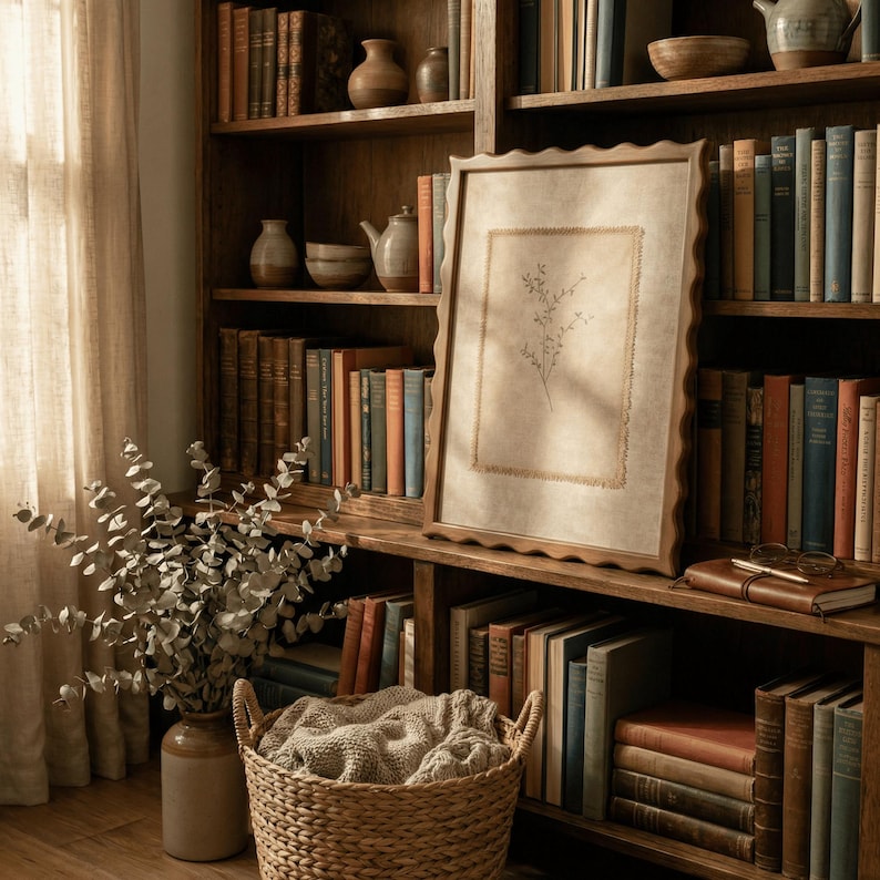 May include: A framed rectangular print featuring a delicate botanical line drawing of a sprig with leaves, centered on a textured beige background. The frame has a wavy, scalloped edge and is positioned on a wooden shelf filled with books.