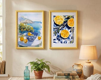 Set di cornici portafoto funky con perline gialle, quadri da parete A4 rosa arancio e limone di Amalfi, decorazioni eclettiche per la cucina, regalo per l'inaugurazione della casa.