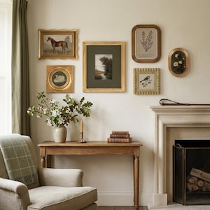 May include: A gallery wall featuring six framed artworks including a horse, a swan, a landscape, a botanical print, a bird, and flowers. Below, a wooden console table holds a ceramic vase with white blossoms and a candle, beside a fireplace.