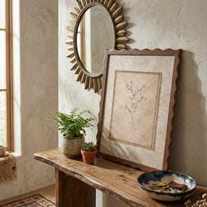 May include: A rectangular wall art piece with a wavy wooden frame, featuring a beige fabric insert with a frayed edge and a delicate botanical line drawing of a sprig. The artwork is displayed alongside a green potted plant and a small bowl.