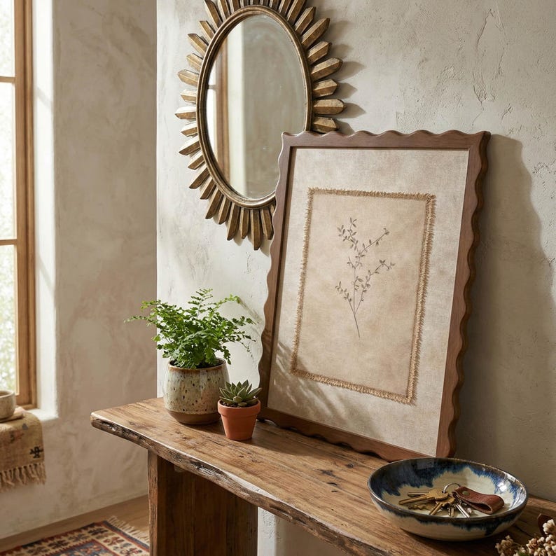 May include: A rectangular wall art piece with a wavy wooden frame, featuring a beige fabric insert with a frayed edge and a delicate botanical line drawing of a sprig. The artwork is displayed alongside a green potted plant and a small bowl.