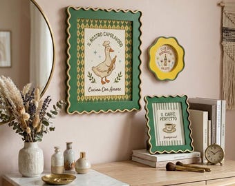 Cornici portafoto verdi per arredamento cucina vintage, cornici ondulate verdi e gialle con bordo smerlato, decorazioni stravaganti con oche chef/caffè, regalo per l'inaugurazione della casa