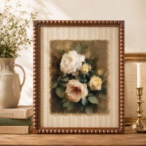 Vintage Rose Floral Framed Art Set, Bobbin Beaded Wooden Frame, Antique Cottage Farmhouse Wall Decor, 8x10 11x14 16x20 Romantic Floral Art