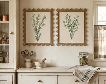 Vintage Wavy Wood Picture Frame Set, Herb Botanical Art, 3 Wood Tone Options, 8x10 11x14 Framed Art Kitchen Print, Farmhouse Kitchen Decor