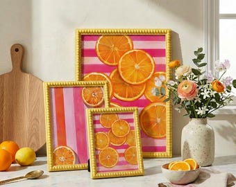 Cornice portafoto gialla con perline, decorazione murale originale per galleria, formati A5, A4 e A3 con 4 stampe artistiche di agrumi, decorazione murale incorniciata che stimola la dopamina per la cucina.