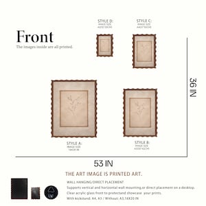 May include: Four rectangular wall frames with scalloped edges in brown, displaying botanical prints on beige backgrounds. Labels include Style A (16x20 in), Style B (A3, 30x42 cm), Style C (A4, 21x30 cm), and Style D (A5, 15x20 cm). Includes 36 in and 53 in dimensions.