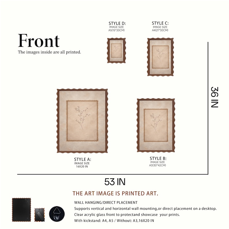 May include: Four rectangular wall frames with scalloped edges in brown, displaying botanical prints on beige backgrounds. Labels include Style A (16x20 in), Style B (A3, 30x42 cm), Style C (A4, 21x30 cm), and Style D (A5, 15x20 cm). Includes 36 in and 53 in dimensions.