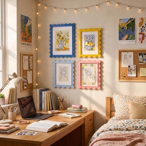 Puede incluir: Cuatro marcos de pared rectangulares con bordes festoneados en azul, amarillo, azul claro y rosa. Cada marco contiene una lámina artística diferente, incluyendo ilustraciones de limones en un jarrón, un cuenco de limones y dos dibujos lineales.