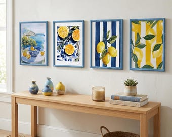 Set di cornici portafoto funky con perline blu, formato A4, decorazione murale vintage costiera con agrumi per cucina, set galleria boho mediterraneo, regalo per l'inaugurazione della casa.