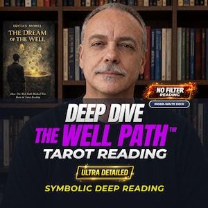 May include: Image features a man with a mustache in front of a bookshelf. Text on the image reads "DEEP DIVE THE WELL PATH TAROT READING" and "NO FILTER READING RIDER-WAITE DECK". A book titled "THE DREAM OF THE WELL" is also visible.