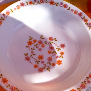 Large vintage Arcopal France soup plate — orange & pink floral design — white opal glass — 1970s — retro tableware