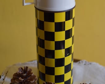 Claude - Termo vintage a cuadros amarillos y negros – Thermos Limited Inglaterra – años 60/70 – decoración retro – artículo de coleccionista