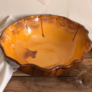 Large Antique French Earthenware Bowl Honey Amber Glazed Stoneware Scalloped Edge 19th Century Farmhouse Pottery "LB" Potter's Mark