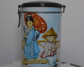 Scatola di latta vintage in metallo, decorazione asiatica per bambini, per tè/caffè/spezie, anni '70-'80