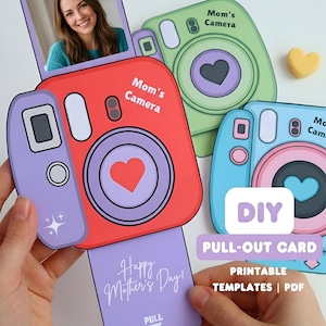 May include: A DIY printable Mother's Day card shaped like a camera. The red, green, and blue cameras have a heart-shaped lens and the words "Mom's Camera". The pull-out card says "Happy Mother's Day!" and includes a photo.