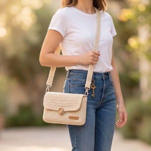 May include: A beige woven crossbody bag with a flap closure and a long, adjustable strap. The bag features a wooden button clasp and a small, rectangular label. The bag is carried over the shoulder.