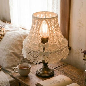 May include: A vintage-style table lamp with a cream-colored, crocheted lampshade. The lamp sits on a wooden nightstand next to a cup of tea, an open book, and a small vase of dried flowers. The room has a cozy, warm aesthetic.