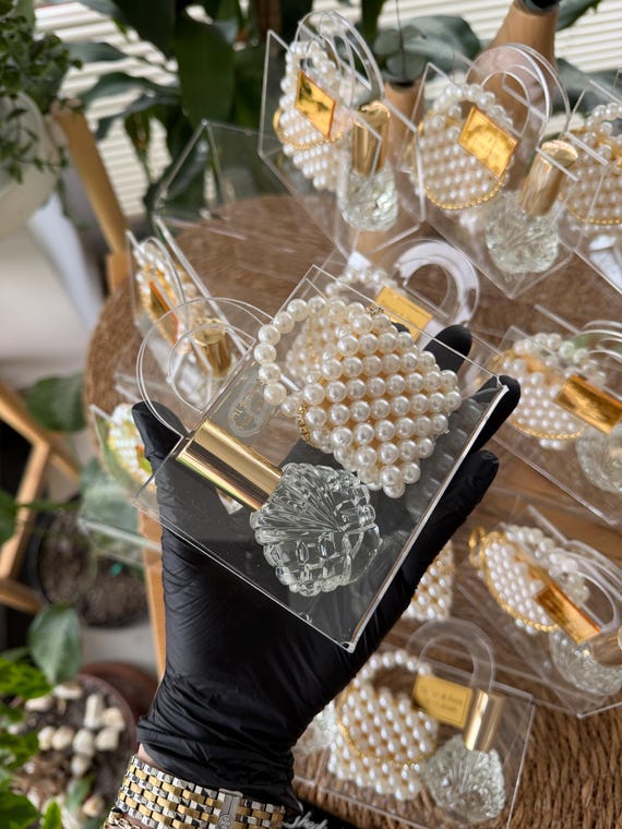 Personalized Glass Cologne Bottle Wedding Favors with Pearl Bag Keychain
