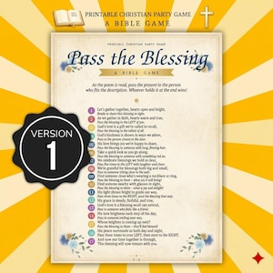 May include: Printable Christian party game titled "Pass the Blessing." The game features a beige background with a decorative border and text. A black and white circular badge with the number "1" is on the left. A cross and an open book are also visible.