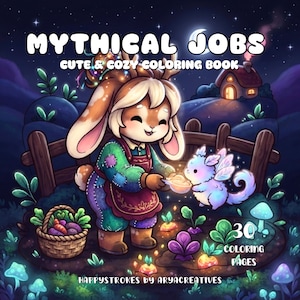 May include: A coloring book titled MYTHICAL JOBS CUTE & COZY COLORING BOOK featuring a rabbit character in a garden with a small glowing creature. The cover displays 30 COLORING PAGES and the text HAPPYSTROKES BY ARYACREATIVES on a dark background.