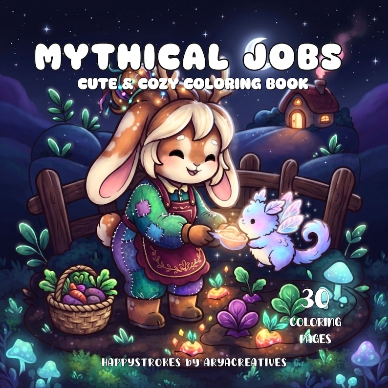 May include: A coloring book titled MYTHICAL JOBS CUTE & COZY COLORING BOOK featuring a rabbit character in a garden with a small glowing creature. The cover displays 30 COLORING PAGES and the text HAPPYSTROKES BY ARYACREATIVES on a dark background.