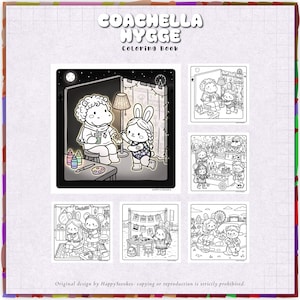 May include: A coloring book titled "COACHELLA HYGGE" with several black and white illustrations. The illustrations feature cartoon characters in various scenes, including a Ferris wheel and a table with art supplies. The text "Coloring Book" is also visible.