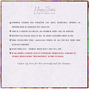 May include: A digital information sheet with a grid background and colorful border. Text includes: Happy Strokes by Arya Creatives, original designs for personal use only, digital download, 3600x3600 pixels at 300 DPI, buy 5 get 40% off, and Amazon book availability.