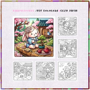 K&ouml;nnte beinhalten: Eine digitale Malbuchseite mit dem Titel Happystrokes / PDF Download &hearts; COZY JAPAN, die eine farbige Illustration eines Kaninchens im Kimono beim Beschneiden eines Bonsais sowie f&uuml;nf schwarz-wei&szlig;e Strichzeichnungen von Figuren in Japan zeigt.