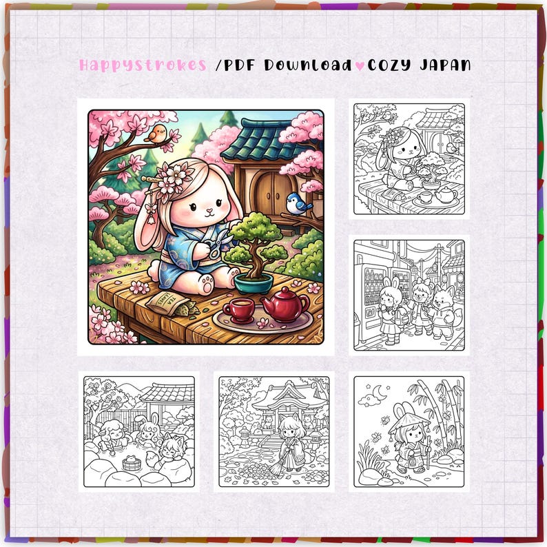 K&ouml;nnte beinhalten: Eine digitale Malbuchseite mit dem Titel Happystrokes / PDF Download &hearts; COZY JAPAN, die eine farbige Illustration eines Kaninchens im Kimono beim Beschneiden eines Bonsais sowie f&uuml;nf schwarz-wei&szlig;e Strichzeichnungen von Figuren in Japan zeigt.