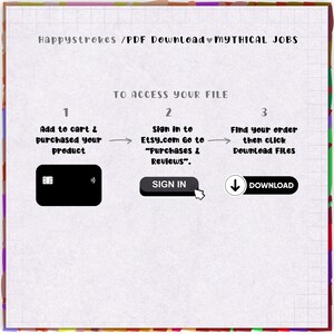 May include: A digital instruction graphic titled Happystrokes / PDF Download &hearts; MYTHICAL JOBS. It outlines three steps to access a file: 1. Add to cart & purchase, 2. Sign in to Etsy.com under Purchases & Reviews, 3. Click Download Files.