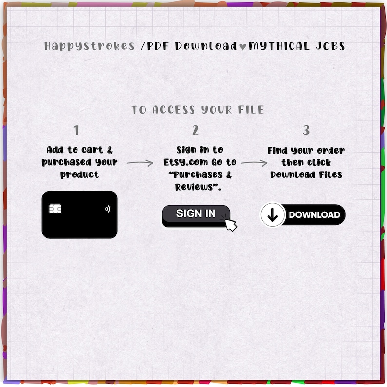 May include: A digital instruction graphic titled Happystrokes / PDF Download &hearts; MYTHICAL JOBS. It outlines three steps to access a file: 1. Add to cart & purchase, 2. Sign in to Etsy.com under Purchases & Reviews, 3. Click Download Files.