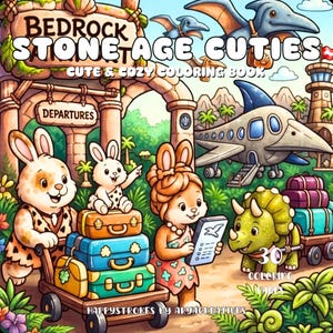Op de afbeelding: Een kleurboek getiteld Bedrock Stone Age Cuties met een cartoonscène met konijnen en een triceratops op een vliegveld. De kaft toont kleurrijke bagage, een prehistorisch vliegtuig en de tekst 30 Coloring Pages door HappyStrokes.