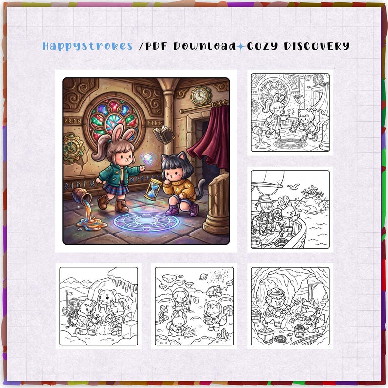Puede incluir: Un conjunto de p&aacute;ginas para colorear digitales titulado Happystrokes / PDF Download + cozy discovery. Incluye una ilustraci&oacute;n a todo color de personajes con orejas de conejo y gato en una habitaci&oacute;n m&aacute;gica, junto a cinco escenas en blanco y negro.