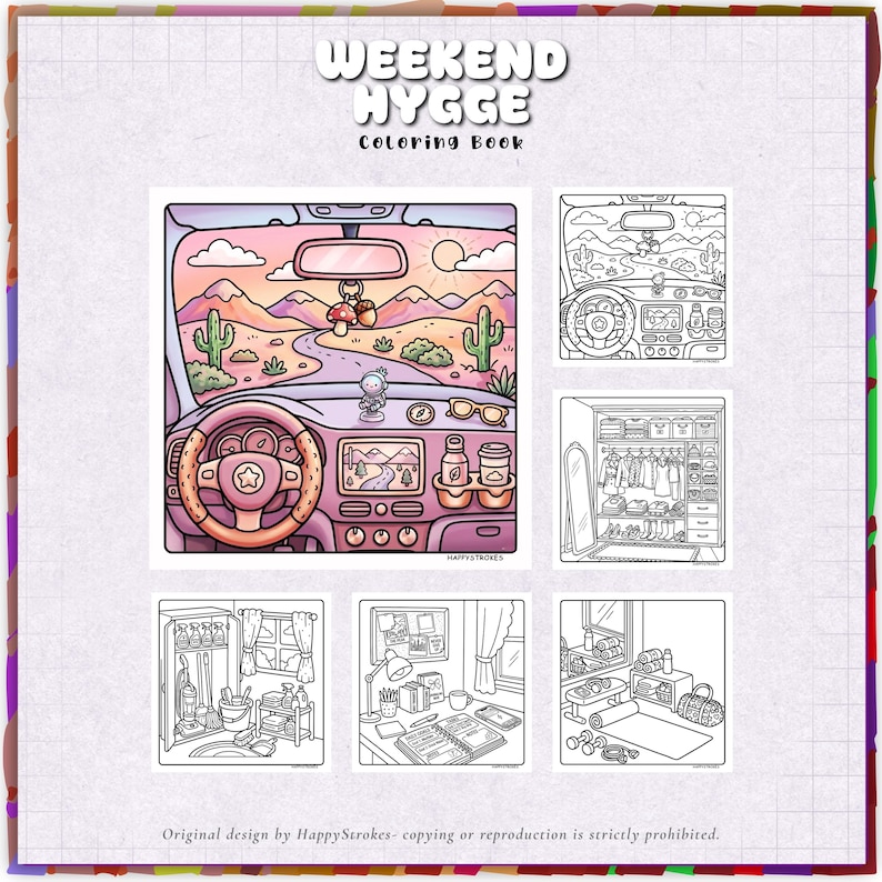 May include: A Weekend Hygge coloring book featuring a collection of line art illustrations. The cover displays a colored scene from inside a car looking out at a desert landscape, alongside five black and white coloring pages showing interior scenes.
