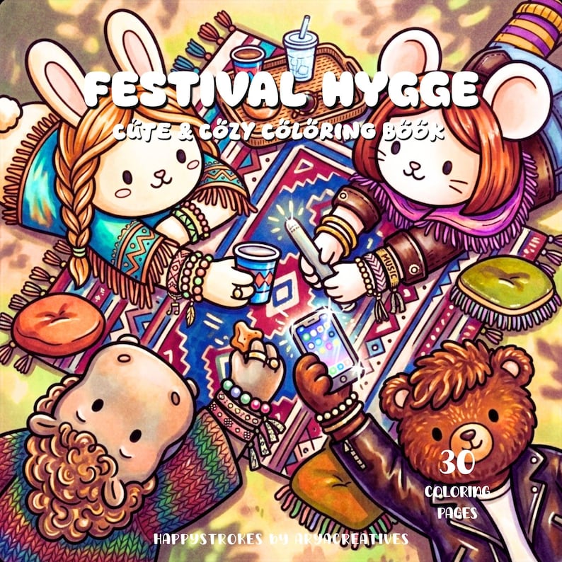 May include: A colorful illustration of a coloring book titled "Festival Hygge." The cover features cartoon animals, including a rabbit, mouse, sheep, and bear, relaxing on a patterned rug. The book has 30 coloring pages.