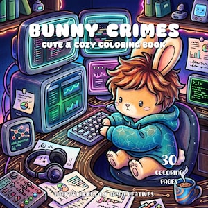 Peut inclure: Un livre de coloriage intitulé Bunny Crimes Cute & Cozy Coloring Book représentant un lapin de dessin animé aux cheveux bruns portant un sweat à capuche bleu sarcelle, assis à un bureau avec plusieurs écrans affichant du code, des graphiques, un casque et une tasse.