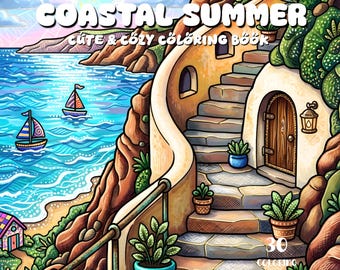 Summer Coloring Book for Adults, Coastal Beach Coloring Pages, Relaxation Coloring Printable, Digital Coloring Instant Download PDF