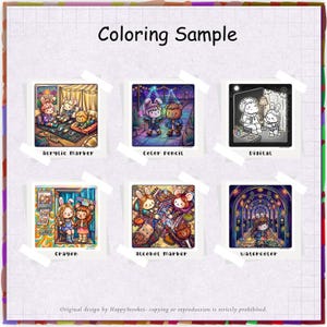May include: A colorful illustration showcasing six different coloring techniques: acrylic marker, color pencil, digital, crayon, alcohol marker, and watercolor. Each technique is demonstrated on a small, framed image featuring cartoon characters. The text "Coloring Sample" is at the top.