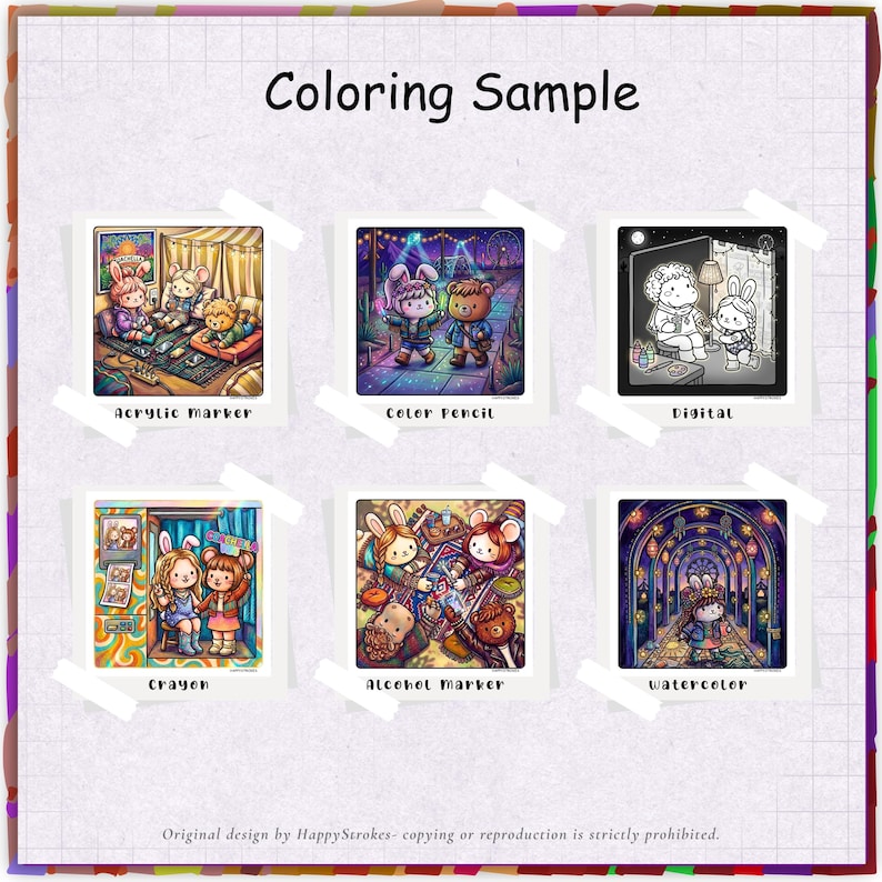 May include: A colorful illustration showcasing six different coloring techniques: acrylic marker, color pencil, digital, crayon, alcohol marker, and watercolor. Each technique is demonstrated on a small, framed image featuring cartoon characters. The text "Coloring Sample" is at the top.