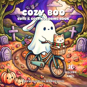 Op de afbeelding: Een kleurboekcover getiteld COZY BOO CUTE & COZY COLORING BOOK met een wit spook op een blauwgroene fiets door een begraafplaats. Een kat zit in de voorste mand en een achterste mand bevat bloemen en pompoenen. Tekst bevat 30 COLORING PAGES.